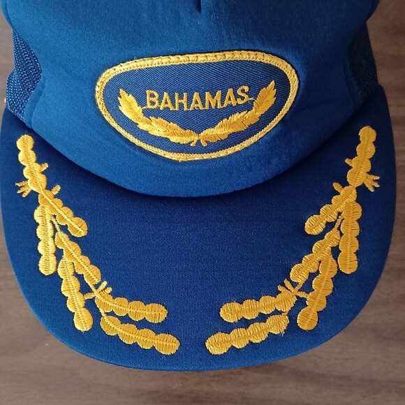 Vintage 1980s Made in Taiwan Bahamas Embroidered Blue Trucker Hat Snapback Cap - Picture 9 of 12